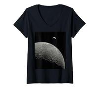Women's Moon Surface Horizon with Earth in Distance Space View V-Neck T-Shirt