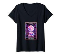 Women's Moon Tarot Card Mystic Night Sky Cat Dog Lunar Magic V-Neck T-Shirt