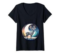 Womens Moonlight Deer Mystical Nature Dream V-Neck T-Shirt