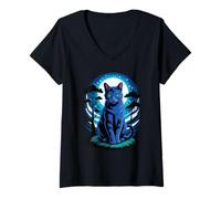 Womens Moonlight Forest Russian Blue Cat Russian Blues Maltese V-Neck T-Shirt