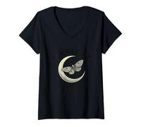 Women's Moonlight Moth Crescent Moon Vintage Forest Nature V-Neck T-Shirt