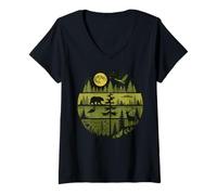 Women's Moonlit Forest Wildlife Silhouette Layered Woods Scene V-Neck T-Shirt