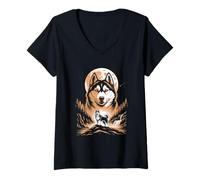 Women's Moonlit Siberian Husky Forest Waterfall Night V-Neck T-Shirt