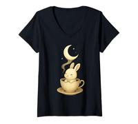Womens Moonlit Teacup Bunny Cozy Night Illustration Cute Artwork V-Neck T-Shirt