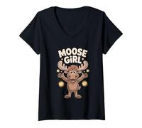 Womens Moose Girl Womens Cute Cartoon Antlers Forest Animal Canada V-Neck T-Shirt