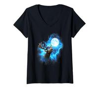 Womens Moose Howling at The Moon Blue Colorful Moose V-Neck T-Shirt