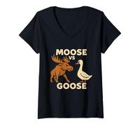 Womens Moose vs Goose Funny Animal Moose Goose Battle Retro V-Neck T-Shirt