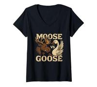 Womens Moose vs Goose Funny Animal Moose Goose Battle Retro V-Neck T-Shirt