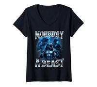 Womens Morbidly A Beast Alpha Wolf Meme Weird Unhinged Brain Rot V-Neck T-Shirt