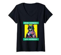 Women's More Espresso Less Depresso Funny Coffee Cat V-Neck T-Shirt