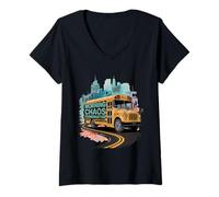 Womens Morning Chaos Coordinator Funny Art Lover Back to School Bus V-Neck T-Shirt