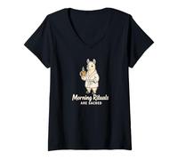 Women's Morning Rituals are Sacred Funny Llama Coffee Meme Animal V-Neck T-Shirt