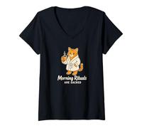 Women's Morning Rituals are Sacred Funny Tabby Cat Coffee Meme Art V-Neck T-Shirt