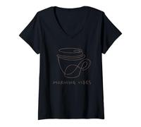Women's Morning Vibes Coffee Mug Minimalist One Line Art V-Neck T-Shirt