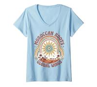Women's Moroccan Roots Global Wings Boho Desert Sun Vintage V-Neck T-Shirt