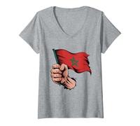 Women's Morocco Flag Fist Hand Graphic Moroccan Heritage V-Neck T-Shirt