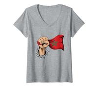 Women's Morocco Flag Fist Hand Graphic Moroccan Heritage V-Neck T-Shirt