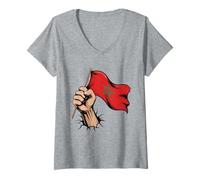 Women's Morocco Flag Fist Hand Graphic Moroccan Heritage V-Neck T-Shirt