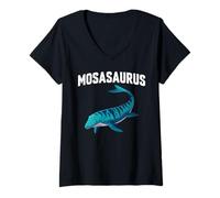 Womens Mosasaurus Cute Blue Cartoon Dinosaur V-Neck T-Shirt