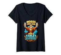 Womens Moses First Man with A Tablet Christ Bible Gospel Data Cloud V-Neck T-Shirt
