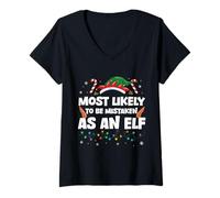 Womens Most Likely to Be Mistaken as an Elf Cute Christmas Party V-Neck T-Shirt