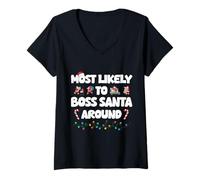 Womens Most Likely to Boss Santa Around Funny Xmas Party Costume V-Neck T-Shirt
