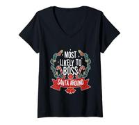 Womens Most Likely to Boss Santa Around V-Neck T-Shirt
