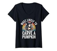 Womens Most Likely to Carve A Pumpkin Funny Halloween V-Neck T-Shirt