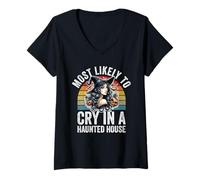 Womens Most Likely to Cry in A Haunted House Funny Halloween V-Neck T-Shirt