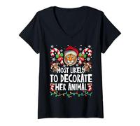 Womens Most Likely to Decorate Her Tiger Animal Ugly Christmas V-Neck T-Shirt