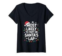 Womens Most Likely to Fart On Santa's Lap Family Matching Christmas V-Neck T-Shirt