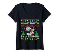Womens Most Likely to Get Run Over by A Reindeer Christmas Funny V-Neck T-Shirt