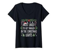 Womens Most Likely To Get Tangled In The Christmas Lights Pajamas V-Neck T-Shirt