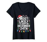 Womens Most Likely to Shop On December 24th Christmas Shopper Humor V-Neck T-Shirt