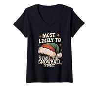 Womens Most Likely to Start The Snowball Fight Christmas Funny V-Neck T-Shirt