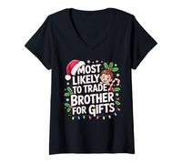 Womens Most Likely to Trade Brother Funny Sibling Christmas Joke V-Neck T-Shirt