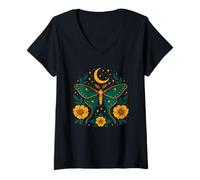 Womens Moth and Moon Floral Night Time Sky Nature Art V-Neck T-Shirt