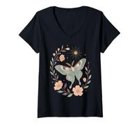 Women's Moth Butterfly Floral Boho Celestial Botanical Pastel V-Neck T-Shirt