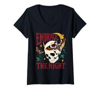 Women's Moth Skull Embrace The Night Gothic Moon Dark Nature V-Neck T-Shirt