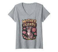 Womens Mother of Cats Floral Emblem Design V-Neck T-Shirt