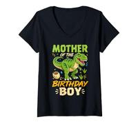 Women's Mother of The Birthday Boy T Rex Dinosaur Party V-Neck T-Shirt