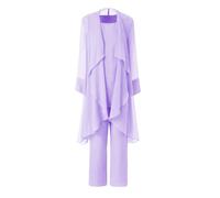 Women's Mother of The Bride Pant Suits 3 Pieces Chiffon Outfit Sets for Wedding Pant Suit with Jacket Lavender