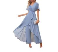 Women's Mother of the Bride Wedding Flower Lace Chiffon Pants Set Gown Solid Color Prom Daily Wearable Pants Suit Dresses (Blue,L)