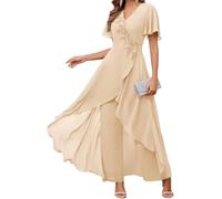 Women's Mother of the Bride Wedding Flower Lace Chiffon Pants Set Gown Solid Color Prom Daily Wearable Pants Suit Dresses (Champagne,XL)