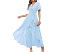 Women's Mother of the Bride Wedding Flower Lace Chiffon Pants Set Gown Solid Color Prom Daily Wearable Pants Suit Dresses (Light Blue,L)