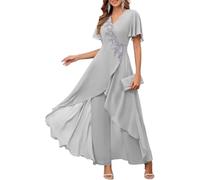 Women's Mother of the Bride Wedding Flower Lace Chiffon Pants Set Gown Solid Color Prom Daily Wearable Pants Suit Dresses (Grey,L)