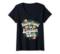 Womens Motherhood Is Kingdom Work Christian Floral Mom, grandmother V-Neck T-Shirt