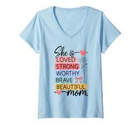 Women's Mother's Day Mom She is Loved Strong Worthy Beautiful V-Neck T-Shirt