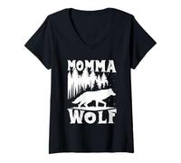 Womens Mothers MOMMA WOLF Wolf Pack Alpha She-Wolf Funny Wolves V-Neck T-Shirt