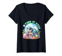 Womens Motivation TAKE IT EASY Funny Turtles V-Neck T-Shirt